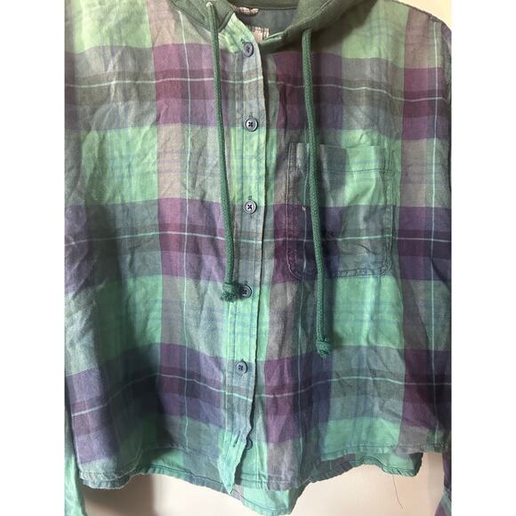 $50 American Eagle Cropped Distressed Flannel Hoodie Sweatshirt Sz L Plaid NWT - Picture 2 of 10
